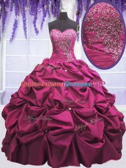 Vintage Fuchsia Ball Gowns Beading and Appliques and Pick Ups Quinceanera Dress Lace Up Taffeta Sleeveless Floor Length - Click Image to Close