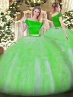 Classical Green Off The Shoulder Zipper Appliques and Ruffles Quinceanera Dresses Short Sleeves