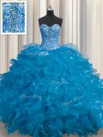 See Through Teal Lace Up Sweetheart Beading and Ruffles Sweet 16 Dresses Organza Sleeveless