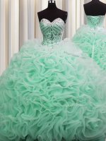Rolling Flowers Brush Train Floor Length Lace Up Sweet 16 Quinceanera Dress Apple Green for Military Ball and Sweet 16 and Quinceanera with Beading and Pick Ups(SKU PSSW0484-4BIZ)
