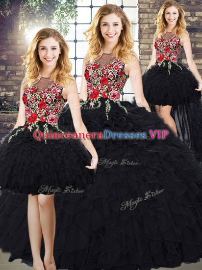 Modern Organza Scoop Sleeveless Zipper Embroidery and Ruffles Quinceanera Dresses in Black - Click Image to Close