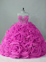 Romantic Sweetheart Sleeveless Quince Ball Gowns Sweep Train Beading Lilac Fabric With Rolling Flowers