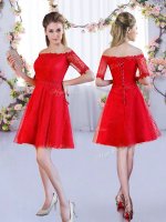 Great Red Half Sleeves Lace Mini Length Quinceanera Court of Honor Dress