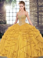 Fashionable Gold Tulle Lace Up Vestidos de Quinceanera Sleeveless Floor Length Beading and Ruffles