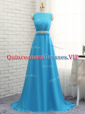 Wonderful Zipper Quinceanera Court of Honor Dress Baby Blue for Prom and Party and Wedding Party with Beading and Lace Brush Train