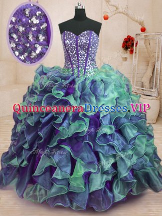 Floor Length Lace Up 15th Birthday Dress Multi-color for Military Ball and Sweet 16 and Quinceanera with Beading and Ruffles