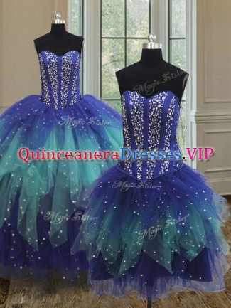 Traditional Three Piece Multi-color Ball Gowns Sweetheart Sleeveless Tulle Floor Length Lace Up Beading and Ruffles 15 Quinceanera Dress