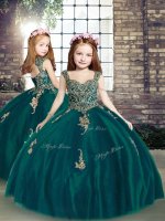 Popular Floor Length Lace Up Kids Formal Wear Peacock Green for Party and Wedding Party with Appliques