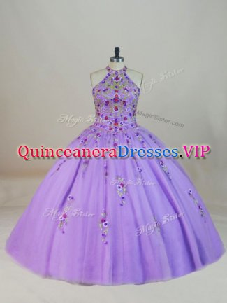 Lavender Quinceanera Gowns Halter Top Sleeveless Brush Train Lace Up