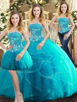 Stunning Ball Gowns Quinceanera Dresses Aqua Blue Strapless Tulle Sleeveless Floor Length Lace Up