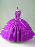 Dynamic Sleeveless Tulle Floor Length Zipper Sweet 16 Dresses in Purple with Beading and Appliques