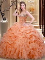 Orange Organza Lace Up Quince Ball Gowns Sleeveless Floor Length Beading and Ruffles and Pick Ups(SKU SJQDDT908002-2BIZ)
