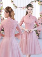 Best High-neck 3 4 Length Sleeve Damas Dress Tea Length Lace Pink Tulle(SKU BMT0402CBIZ)