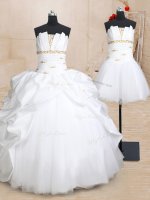 Best Three Piece Taffeta and Tulle Strapless Sleeveless Lace Up Beading and Pick Ups Vestidos de Quinceanera in White