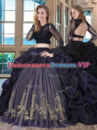 Ideal Taffeta Scoop Long Sleeves Brush Train Backless Embroidery and Pick Ups Quinceanera Gowns in Purple