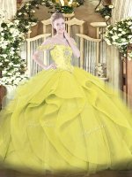 Delicate Yellow Tulle Lace Up 15th Birthday Dress Sleeveless Floor Length Beading and Ruffles
