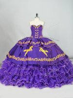 Traditional Sleeveless Satin and Organza Brush Train Lace Up Quinceanera Gown in Purple with Embroidery and Ruffled Layers