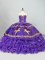 Traditional Sleeveless Satin and Organza Brush Train Lace Up Quinceanera Gown in Purple with Embroidery and Ruffled Layers