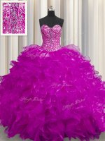 Cute See Through Fuchsia Sleeveless Organza Lace Up Quinceanera Dress for Military Ball and Sweet 16 and Quinceanera