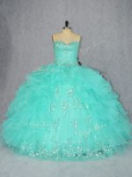 Floor Length Aqua Blue Quinceanera Gowns Organza Sleeveless Beading and Appliques