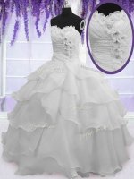 Silver Lace Up Military Ball Gown Beading and Ruffled Layers Sleeveless Floor Length