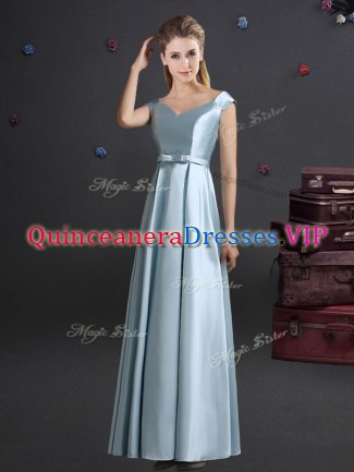 Off the Shoulder Cap Sleeves Elastic Woven Satin Floor Length Zipper Court Dresses for Sweet 16 in Light Blue with Bowknot