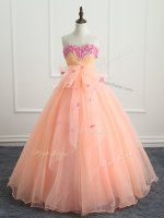 Pretty Peach Quinceanera Dress Military Ball and Sweet 16 and Quinceanera with Beading and Appliques and Bowknot Sweetheart Sleeveless Lace Up