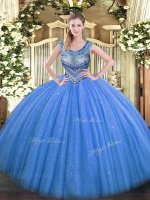Scoop Sleeveless Sweet 16 Dresses Floor Length Beading Blue Tulle