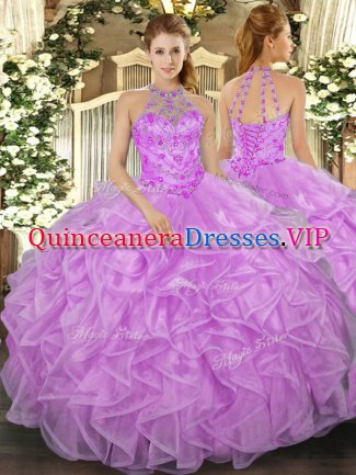 Noble Floor Length Lilac Quinceanera Gown Organza Sleeveless Beading and Ruffles