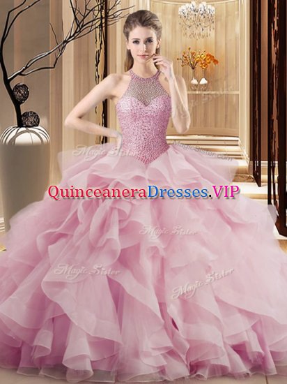 Dramatic Beading and Ruffles Sweet 16 Dress Pink Lace Up Sleeveless Sweep Train - Click Image to Close