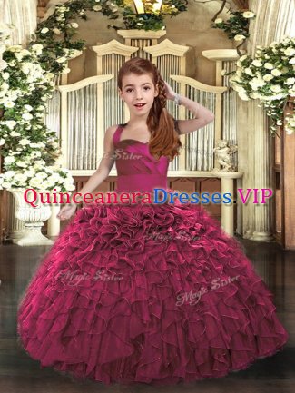 Fuchsia Organza Lace Up Little Girls Pageant Dress Sleeveless Floor Length Ruffles