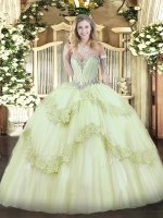 Ideal Yellow Green Ball Gowns Beading and Appliques Sweet 16 Dresses Lace Up Tulle Sleeveless Floor Length