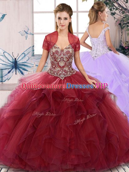 Off The Shoulder Sleeveless Vestidos de Quinceanera Floor Length Beading and Ruffles Burgundy Tulle - Click Image to Close