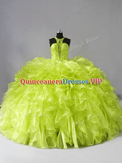 Wonderful Yellow Green Zipper Halter Top Beading and Ruffles Quinceanera Dresses Organza Sleeveless Brush Train - Click Image to Close