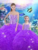 Cheap Sleeveless Floor Length Beading and Ruffles Lace Up 15th Birthday Dress with Purple