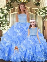 Stylish Floor Length Light Blue 15th Birthday Dress Organza Sleeveless Lace and Ruffled Layers