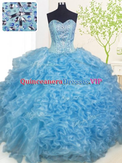 Gorgeous Sleeveless Organza Floor Length Lace Up 15th Birthday Dress in Baby Blue with Beading and Ruffles and Pick Ups - Click Image to Close