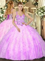 Lilac Organza Lace Up Straps Sleeveless Floor Length Sweet 16 Quinceanera Dress Beading and Ruffles(SKU SJQDDT1167002BIZ)