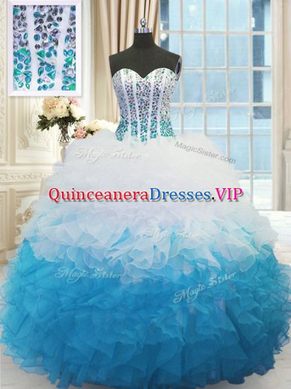 Smart Blue And White Lace Up Sweetheart Beading and Ruffles Sweet 16 Dresses Organza Sleeveless - Click Image to Close