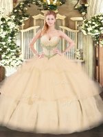 Champagne Quinceanera Dress Military Ball and Sweet 16 and Quinceanera with Beading and Ruffled Layers Sweetheart Sleeveless Lace Up