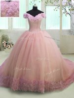 Pink Off The Shoulder Neckline Hand Made Flower Vestidos de Quinceanera Short Sleeves Lace Up(SKU PSSW0123-1BIZ)