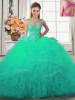 Scoop Turquoise Ball Gowns Beading and Ruffles Sweet 16 Dresses Lace Up Tulle Sleeveless Floor Length(SKU SJQDDT864002-1BIZ)