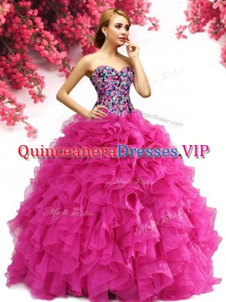 Exceptional Hot Pink Ball Gowns Beading and Ruffles Sweet 16 Dresses Lace Up Organza Sleeveless Floor Length