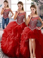 Modest Red Zipper Scoop Beading and Ruffles 15th Birthday Dress Organza Sleeveless