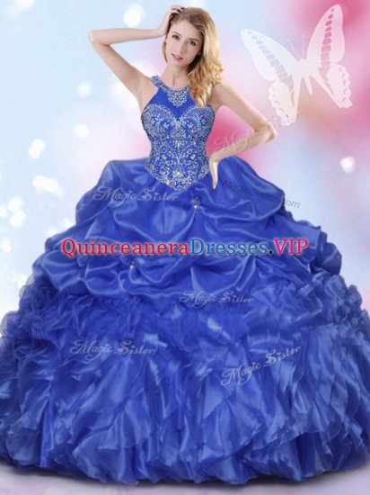 Eye-catching Halter Top Royal Blue Lace Up Quince Ball Gowns Appliques and Ruffles and Pick Ups Sleeveless Floor Length - Click Image to Close