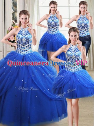 Chic Four Piece Royal Blue Halter Top Lace Up Beading and Pick Ups Vestidos de Quinceanera Sleeveless