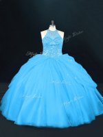Glittering Halter Top Sleeveless Quinceanera Gowns Floor Length Beading Aqua Blue Tulle