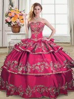 Adorable Floor Length Lace Up Quinceanera Dress Hot Pink for Sweet 16 and Quinceanera with Embroidery and Ruffled Layers