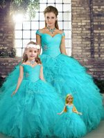 Ball Gowns Quinceanera Gowns Aqua Blue Off The Shoulder Tulle Sleeveless Floor Length Lace Up
