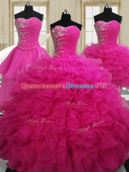 Four Piece Hot Pink Zipper Sweetheart Beading Quince Ball Gowns Organza Sleeveless - Click Image to Close